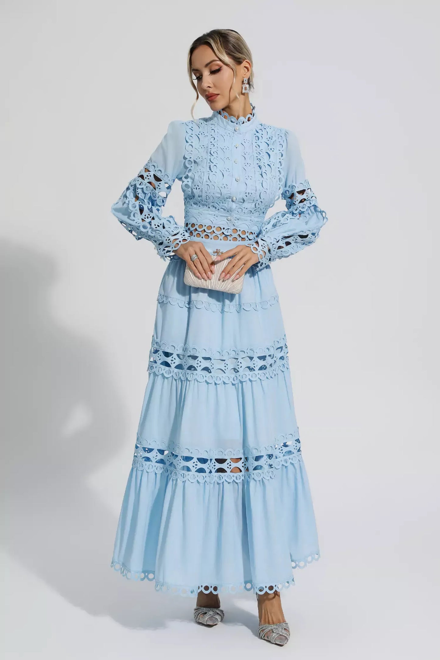 Julieta Mavi Kesik Uzun Kollu Maxi Elbise