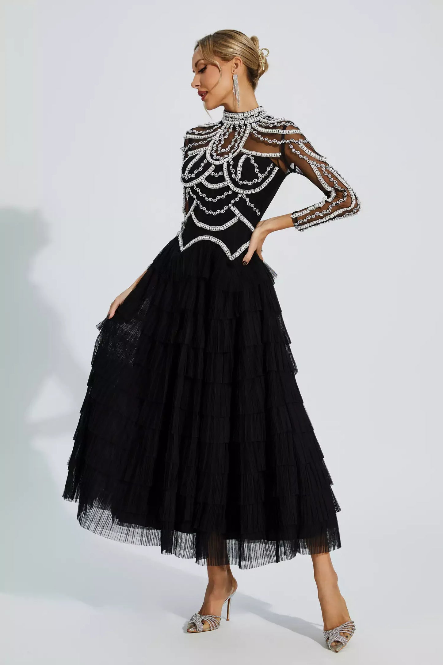 Cadence Siyah Boncuklu Maxi Abiye Elbise