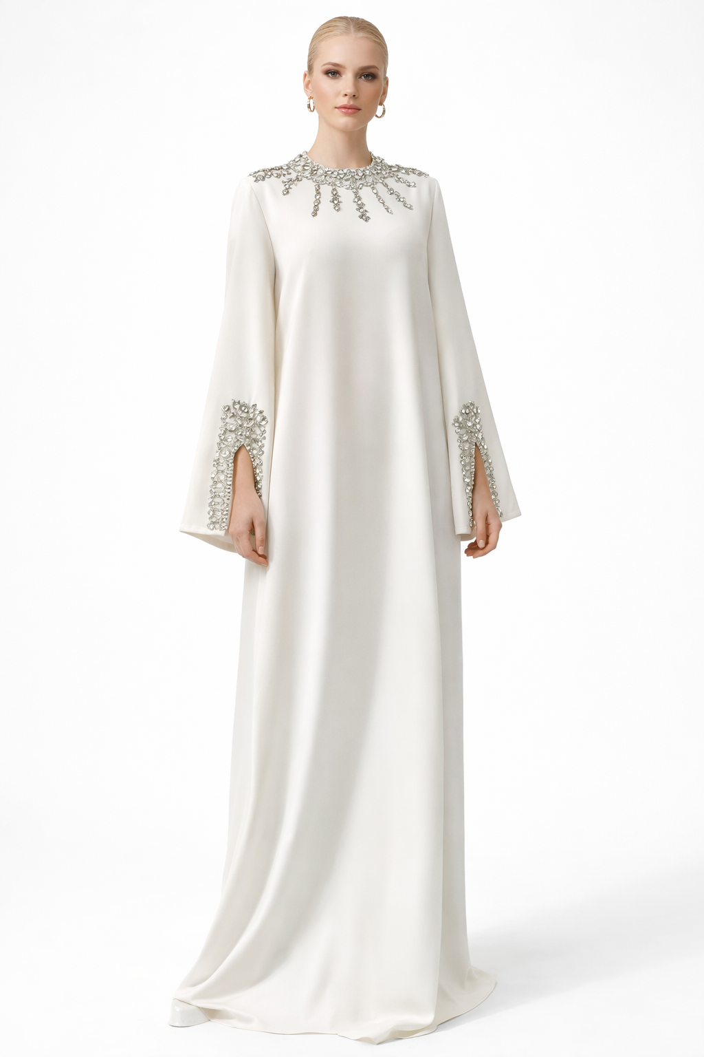 Yüksek yaka taşlı kaftan maxi elbise, geniş kollar - İNCİ