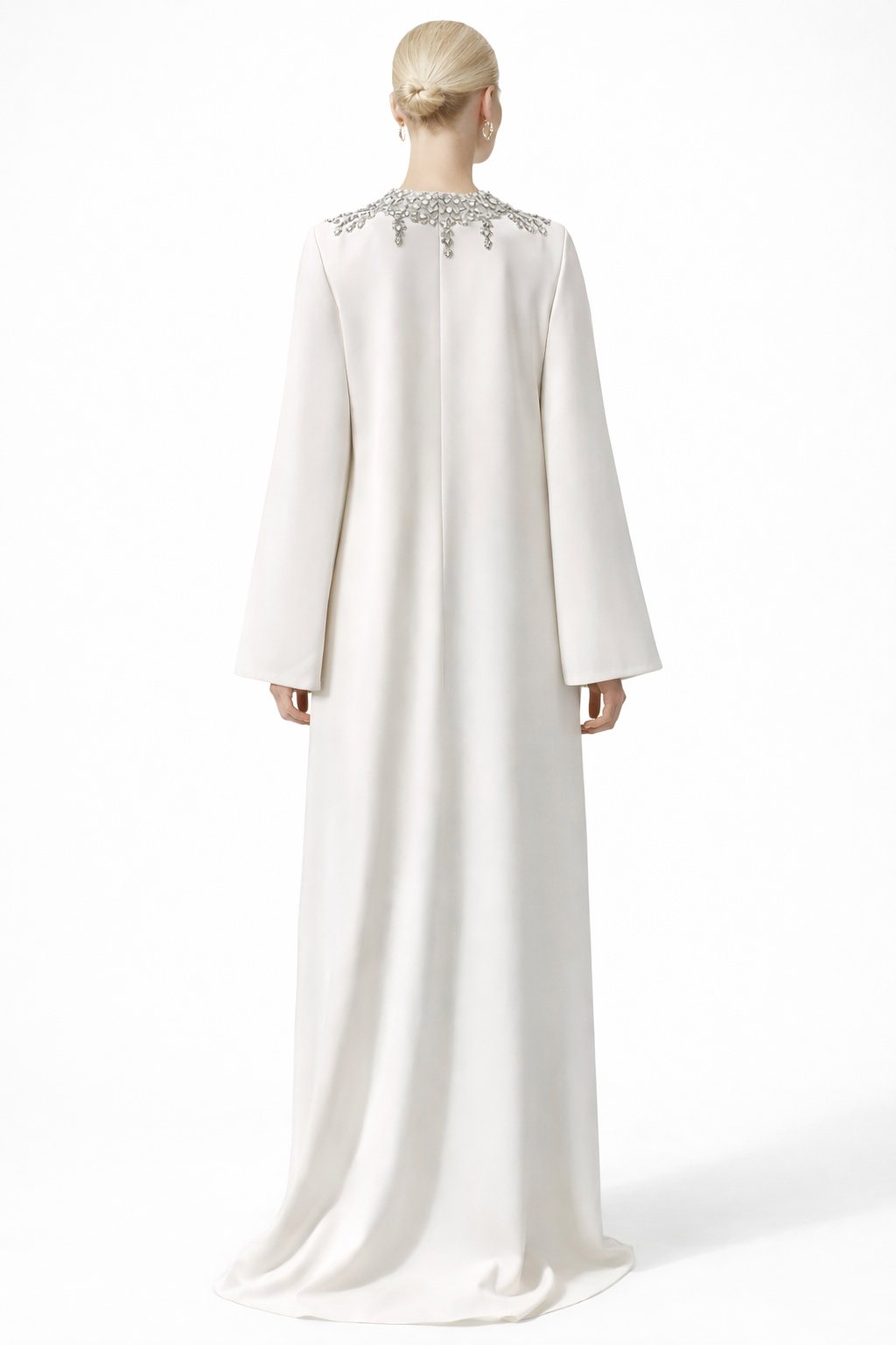 Yüksek yaka taşlı kaftan maxi elbise, geniş kollar - İNCİ