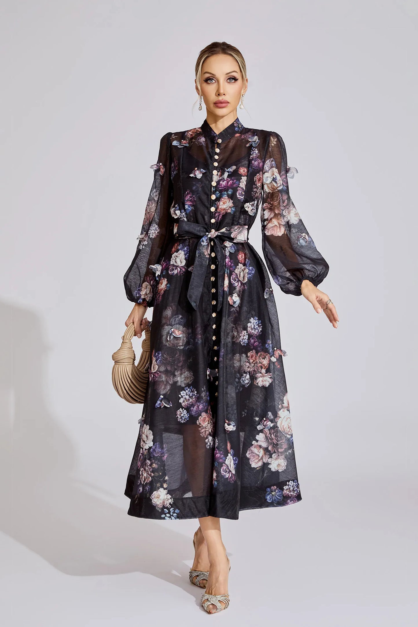 Samirah Siyah Desenli Maxi Elbise
