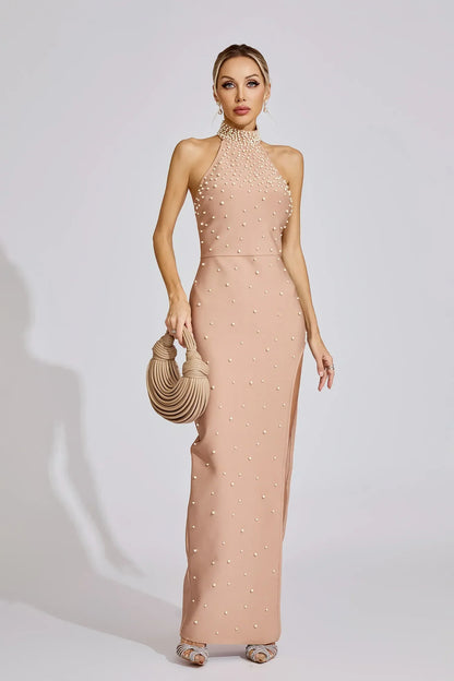 Valentina Bej İnci Halter Maxi Elbise