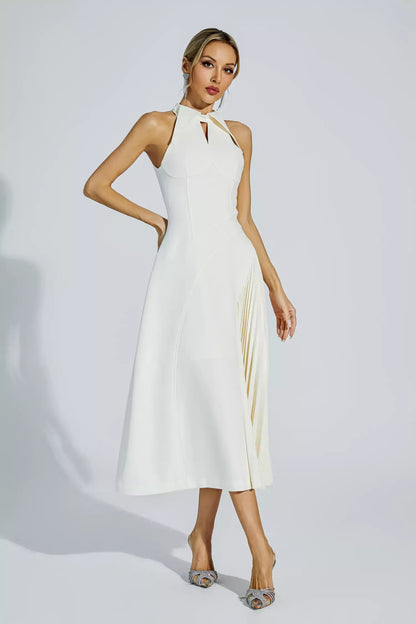 Krem Ruffle Detaylı Askısız Maxi Elbise