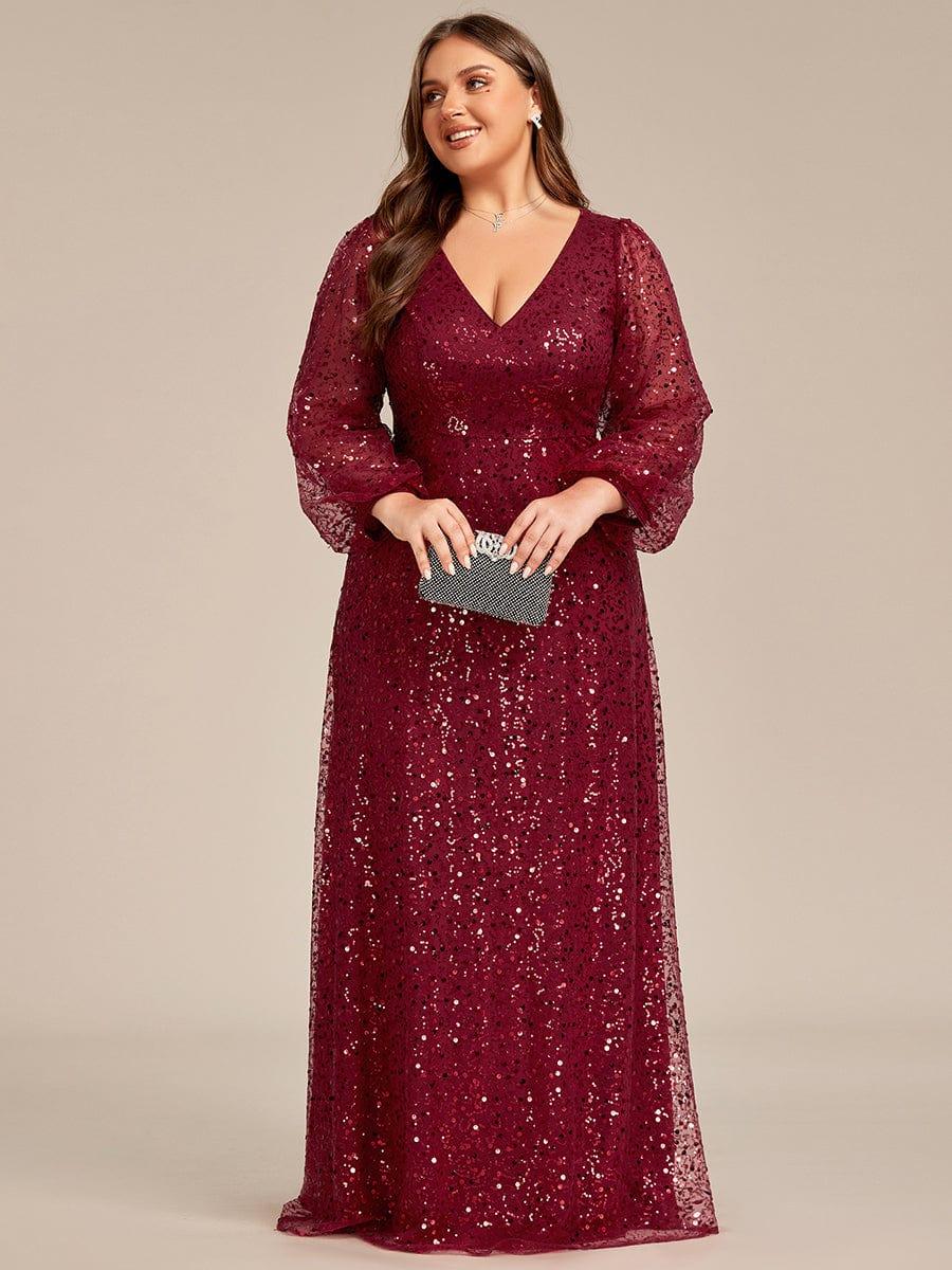 Rayven V-Yaka Fener Uzun Kollu Payet A-Line Akşam Elbisesi