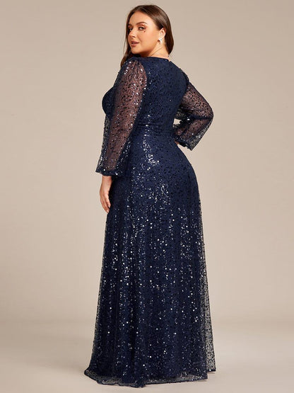 Rayven V-Yaka Fener Uzun Kollu Payet A-Line Akşam Elbisesi