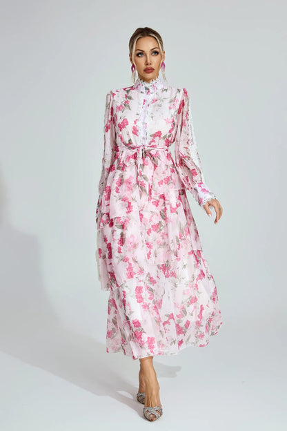 Aubree Pembe Çiçekli Şifon Maxi Elbise