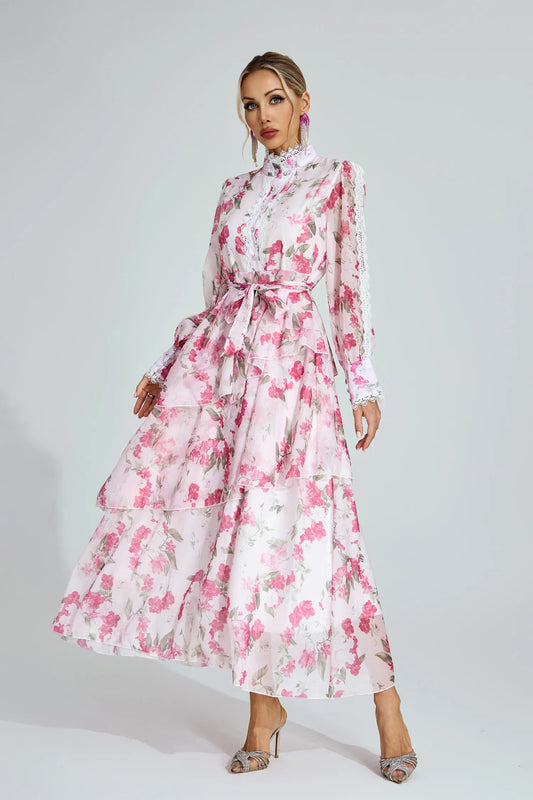 Aubree Pembe Çiçekli Şifon Maxi Elbise