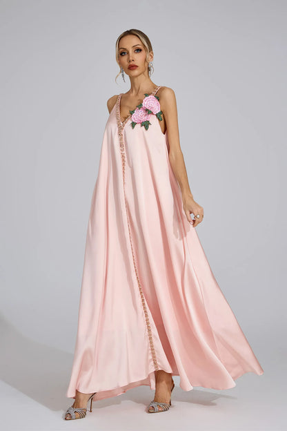 Kamelya Pembe Saten Maxi Elbise
