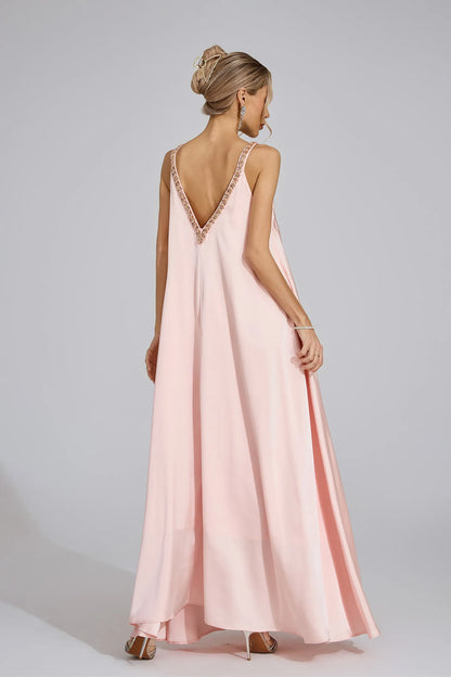 Kamelya Pembe Saten Maxi Elbise