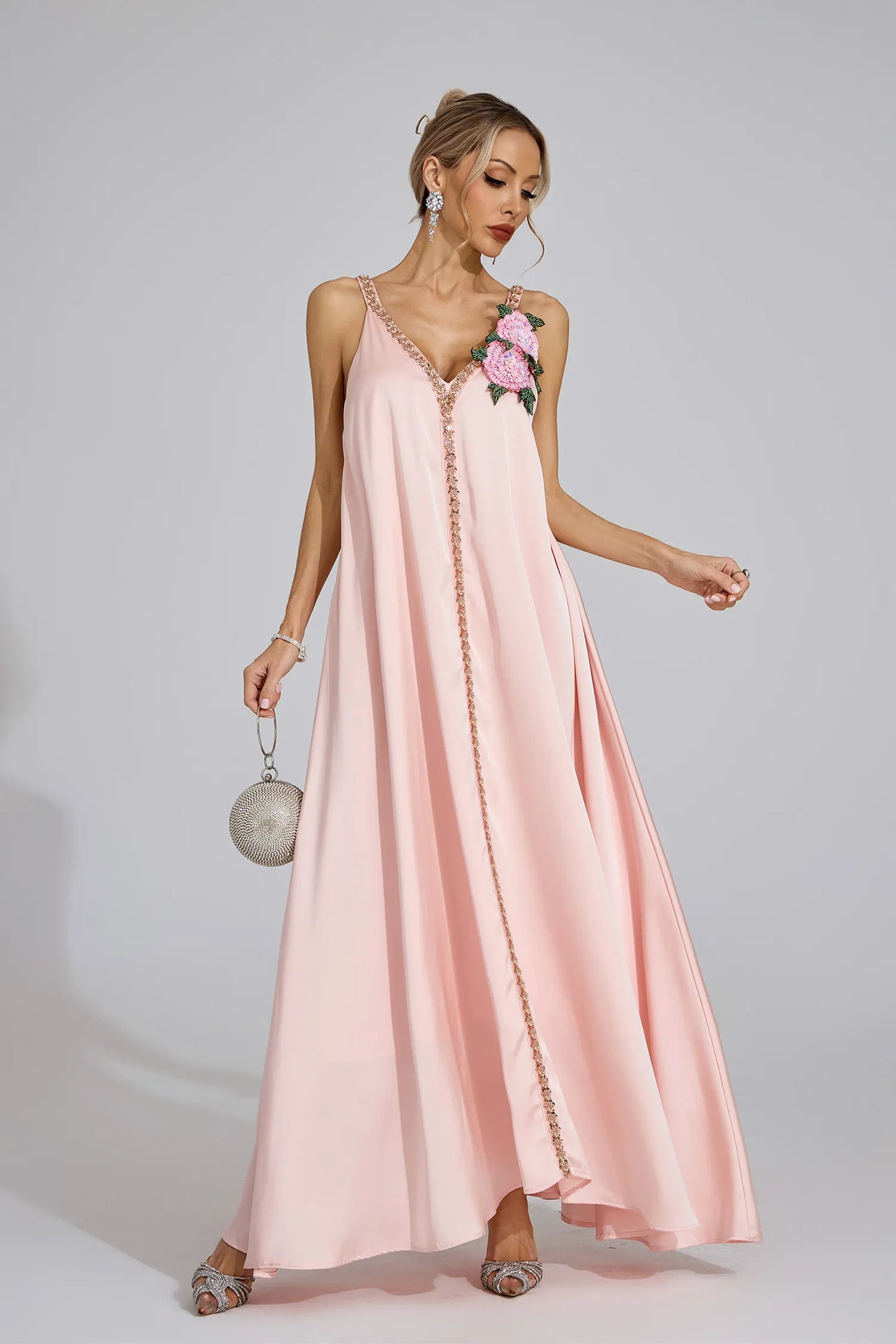 Kamelya Pembe Saten Maxi Elbise