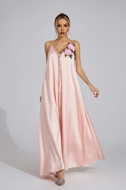 Kamelya Pembe Saten Maxi Elbise
