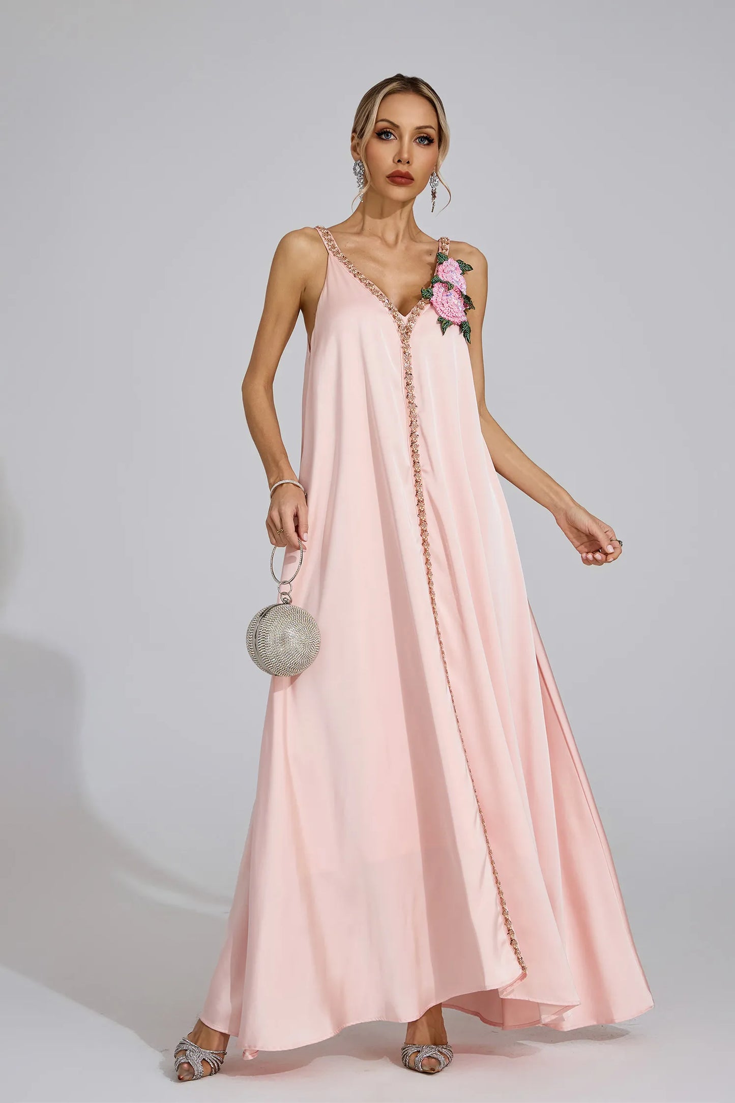 Kamelya Pembe Saten Maxi Elbise