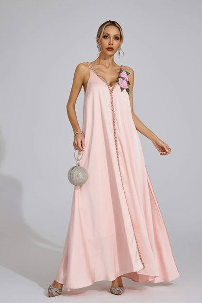 Kamelya Pembe Saten Maxi Elbise