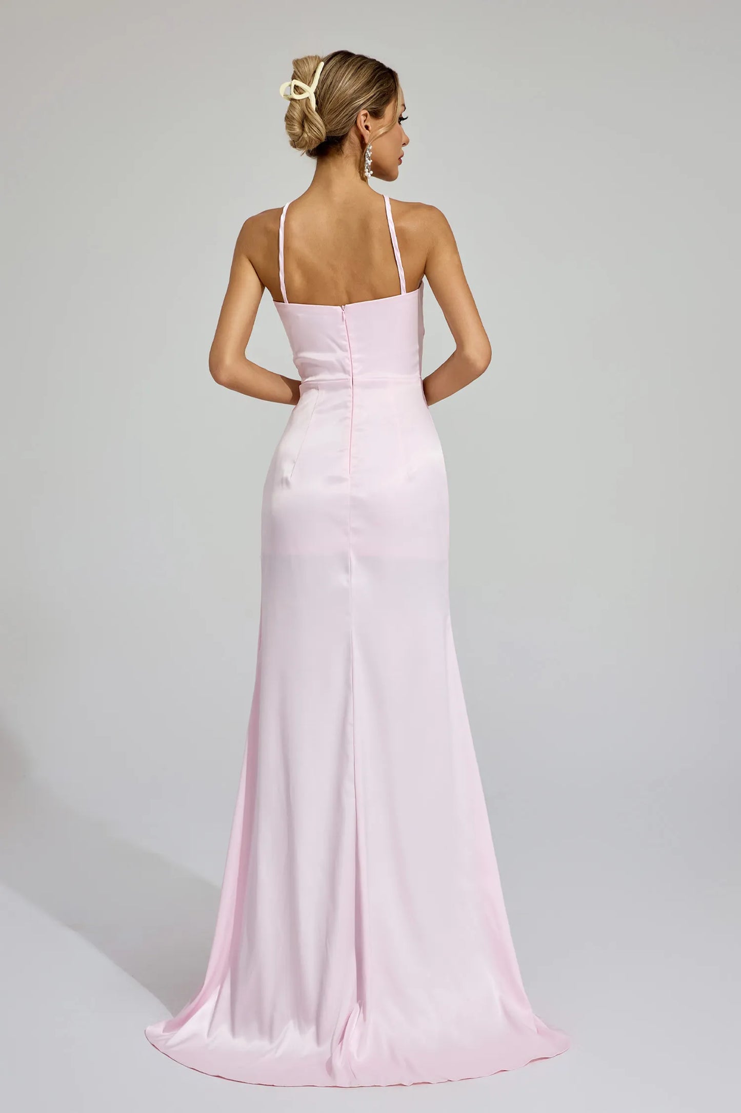 Katell Pembe Yırtmaçlı Halter Maxi Elbise