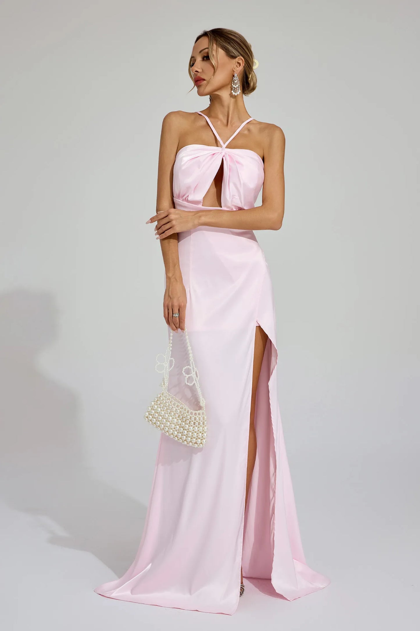 Katell Pembe Yırtmaçlı Halter Maxi Elbise
