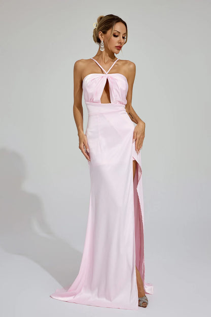 Katell Pembe Yırtmaçlı Halter Maxi Elbise