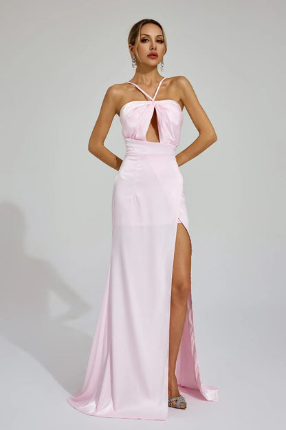 Katell Pembe Yırtmaçlı Halter Maxi Elbise