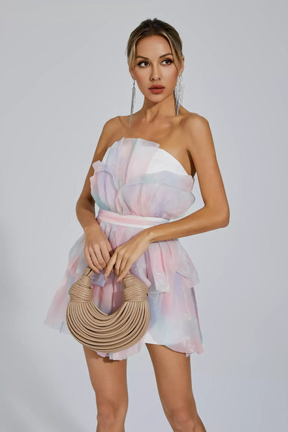 Elsa Pembe Kemerli Mini Şifon Elbise
