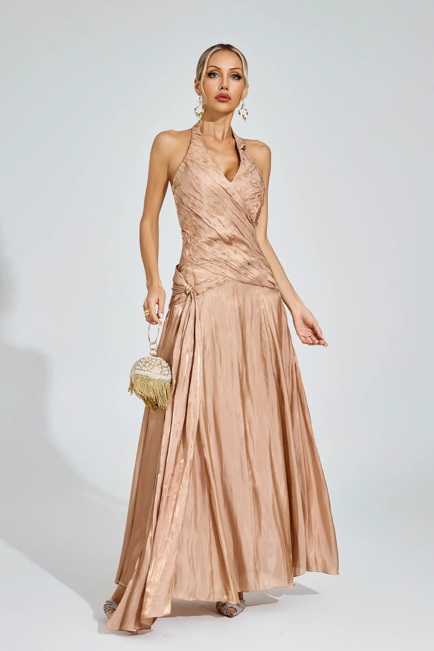 Melody Şampanya Halter Maxi Elbise