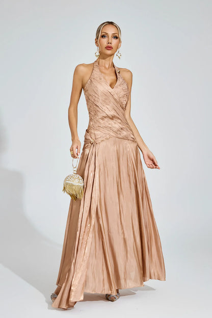 Melody Şampanya Halter Maxi Elbise