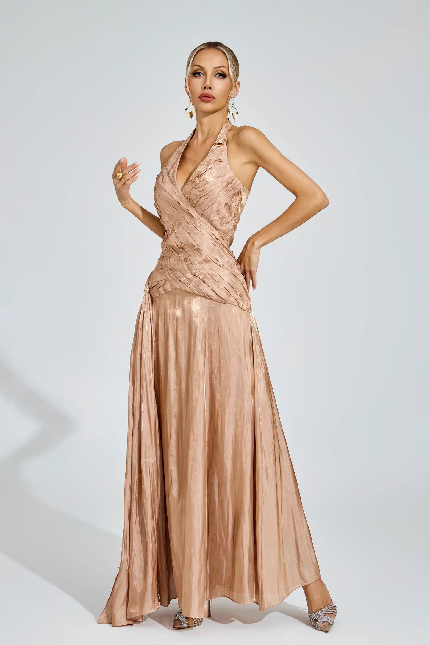 Melody Şampanya Halter Maxi Elbise