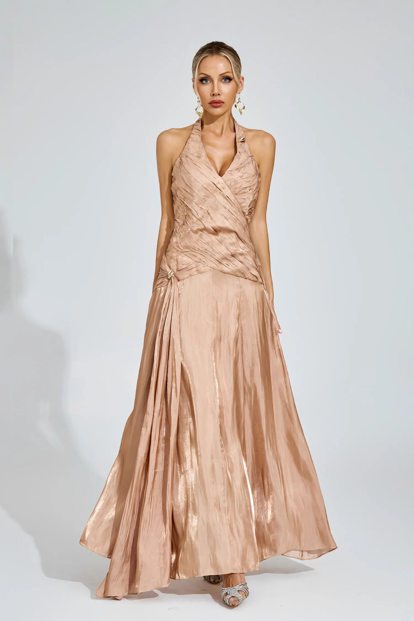 Melody Şampanya Halter Maxi Elbise