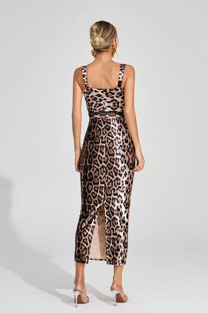 Agatha Leopar Desenli Saten Midi Elbise