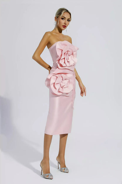 Haley Pembe Çiçekli Straplez Midi Akşam Elbisesi