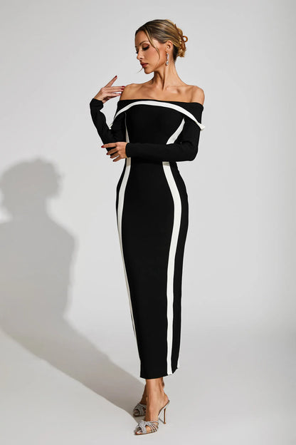 Selestia Siyah Off Shoulder Bandaj Maxi Elbise