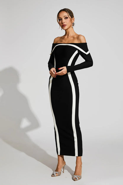 Selestia Siyah Off Shoulder Bandaj Maxi Elbise