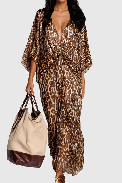 Invidia V Yaka Leopar Desenli Maxi Elbise