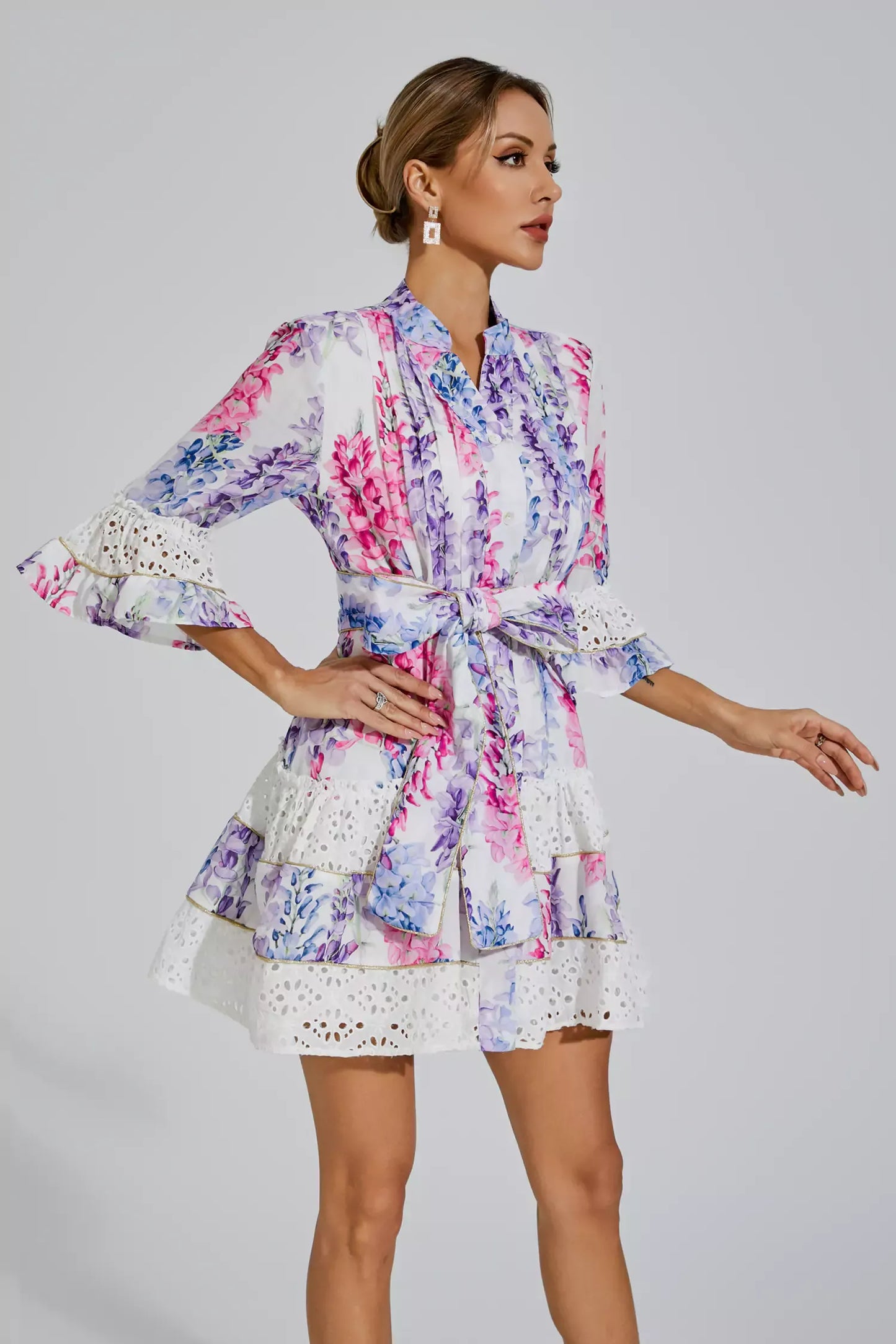 Kimora Çiçekli Kemerli Mini Elbise