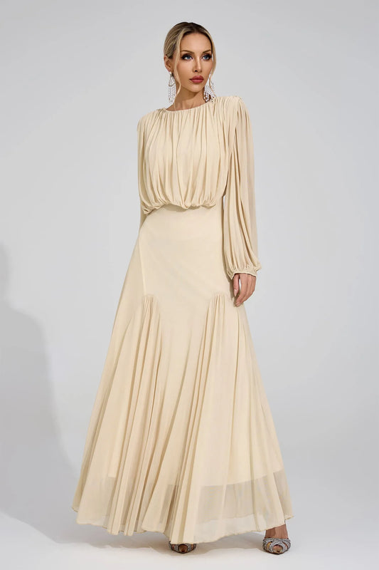 Kalypso Bej Plise Maxi Elbise