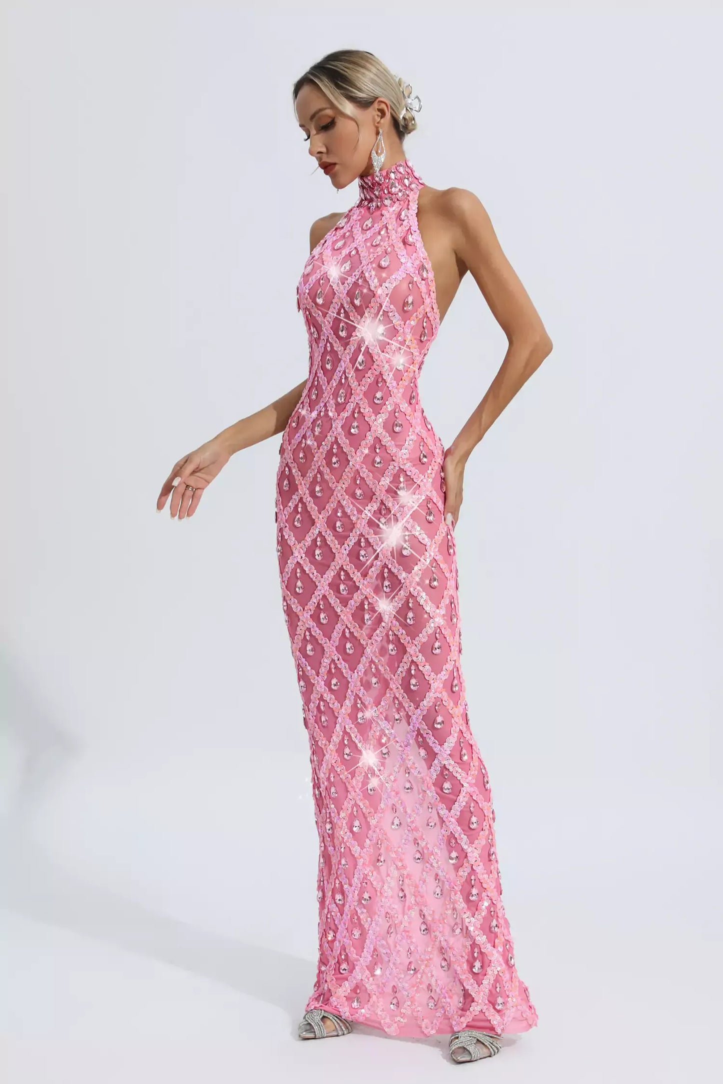 Louise Pembe Elmas Maxi Elbise (Astarsız)