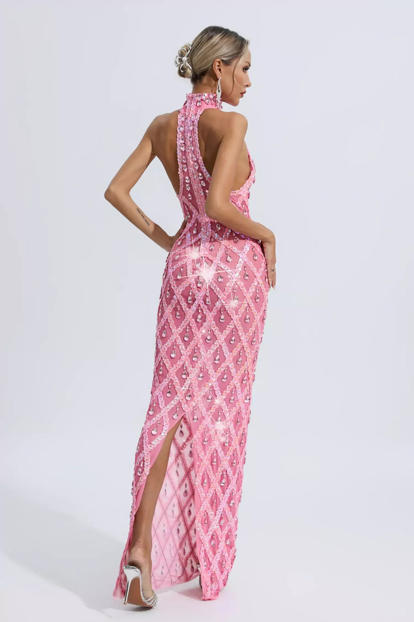 Louise Pembe Elmas Maxi Elbise (Astarsız)