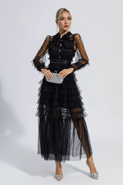 Maddison Siyah Puantiye Maxi Elbise