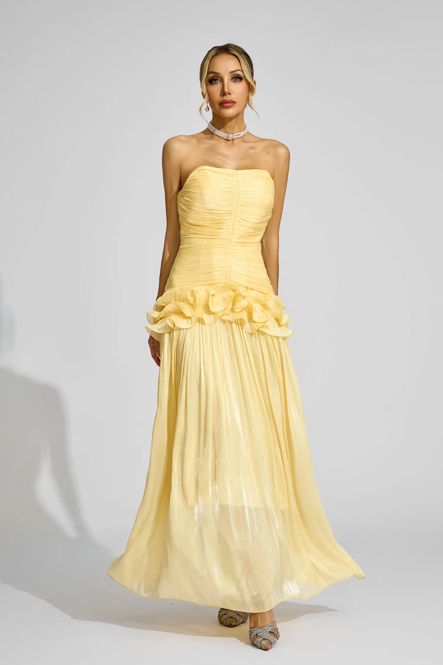 Tristane Sarı Off Shoulder Volanlı Maxi Elbise