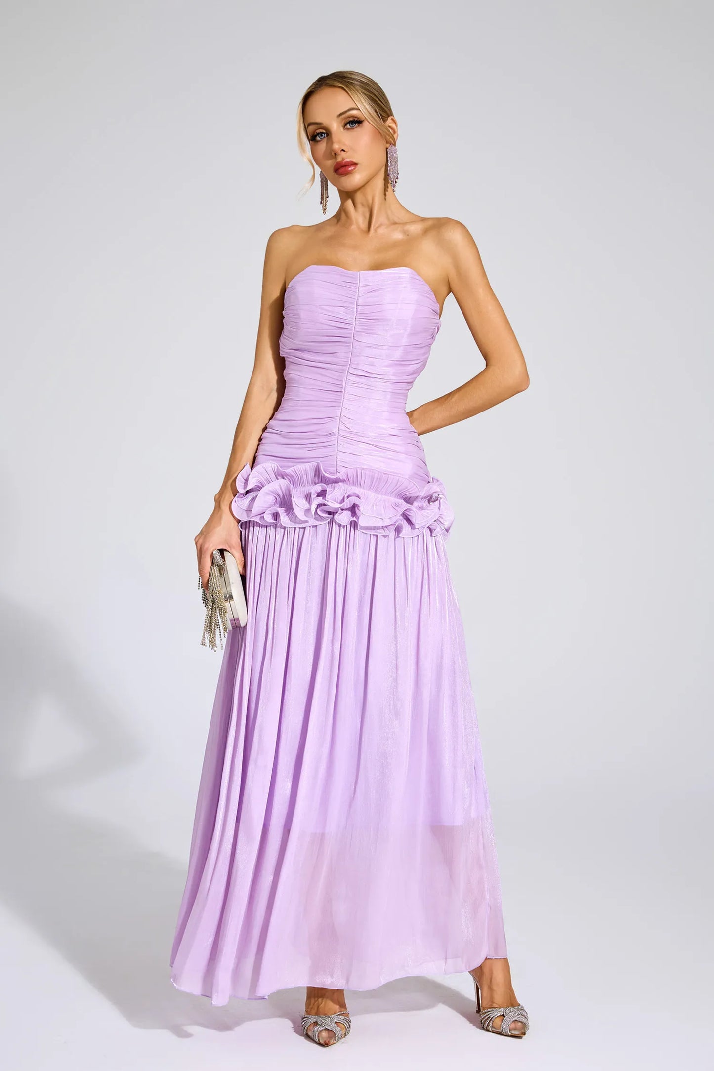 Tristane Mor Off Shoulder Volanlı Maxi Elbise