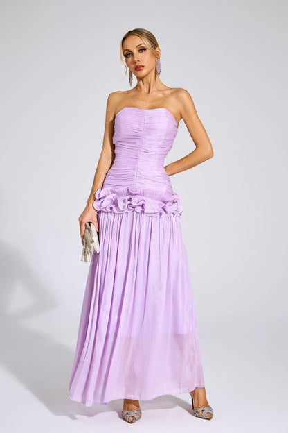 Tristane Mor Off Shoulder Volanlı Maxi Elbise