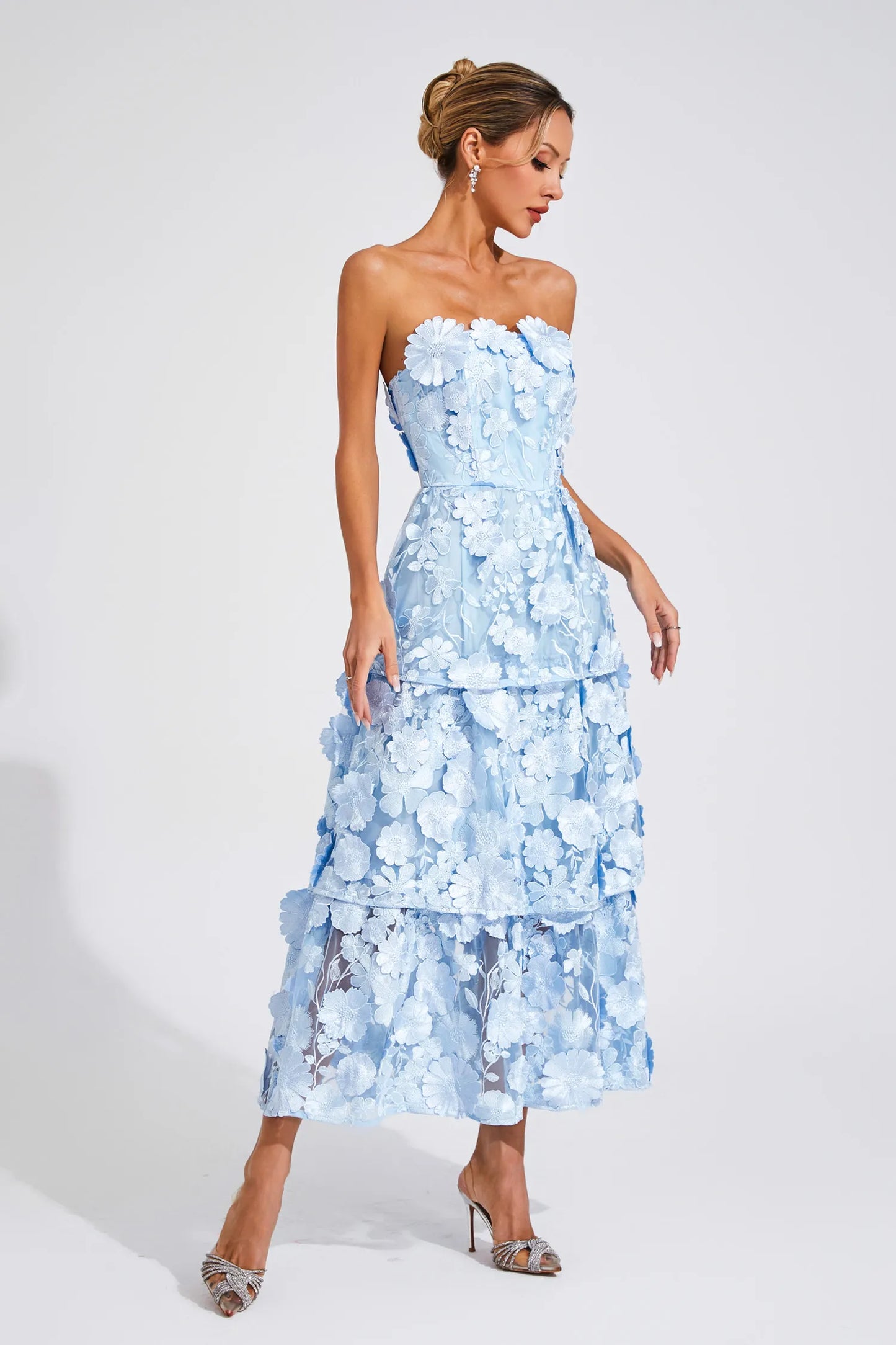 Estella Mavi Çiçek Off Shoulder Maxi Elbise