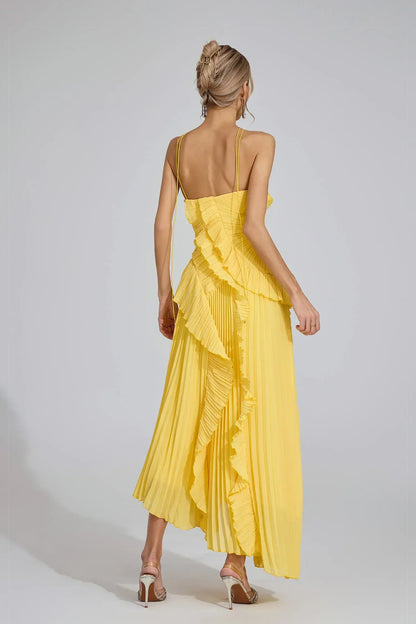 Dravina Sarı Asimetrik Fırfırlı Halter Maxi Elbise