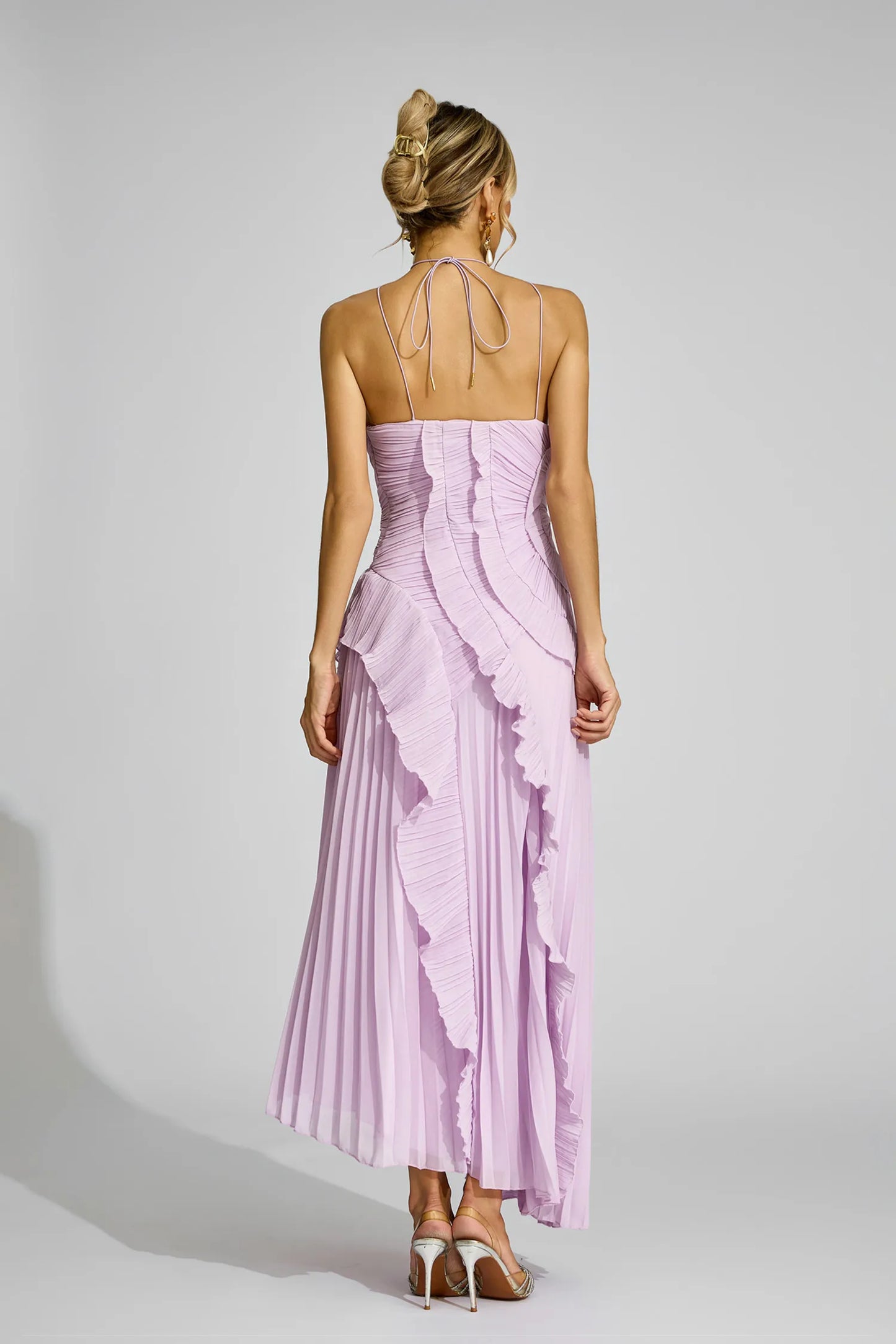 Elodie Mor Asimetrik Plise Halter Maxi Elbise