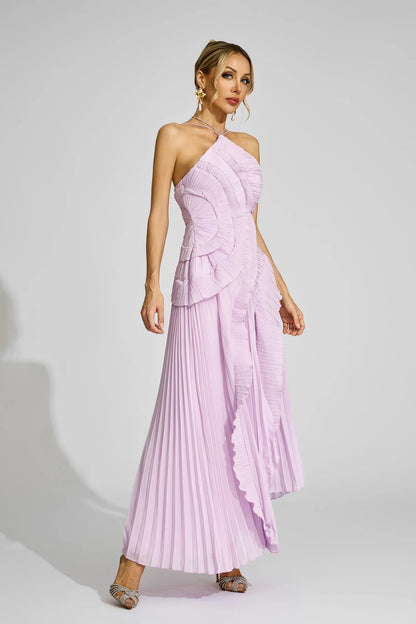 Elodie Mor Asimetrik Plise Halter Maxi Elbise