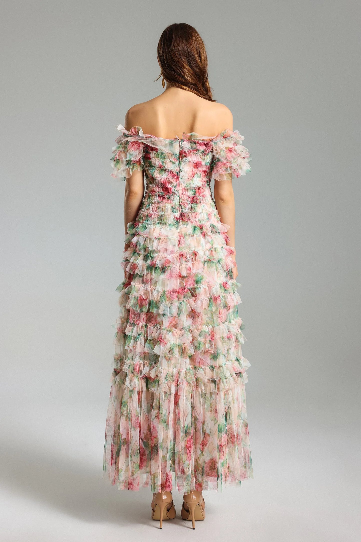 Qearl Çiçekli Off Shoulder Plise Maxi Elbise