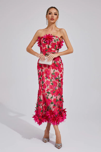 Aitana Kırmızı Çiçek Off Shoulder Maxi Elbise