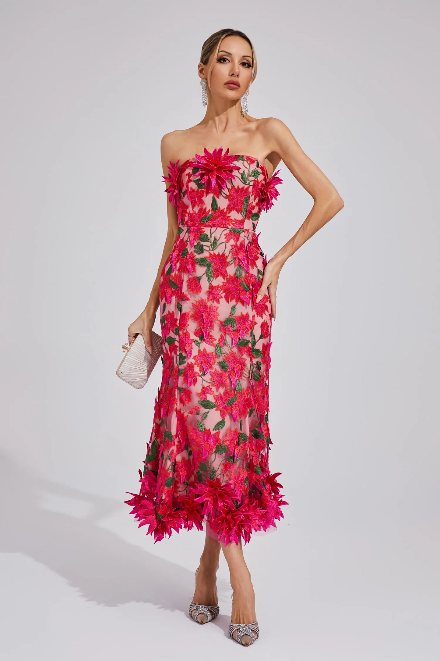 Aitana Kırmızı Çiçek Off Shoulder Maxi Elbise