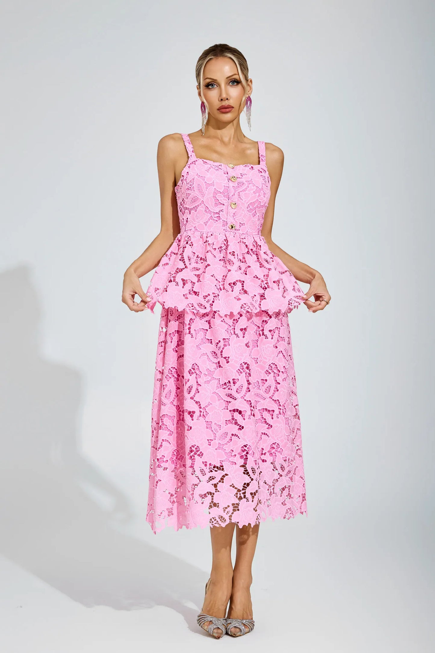 Blythe Pembe Dantel Midi Elbise