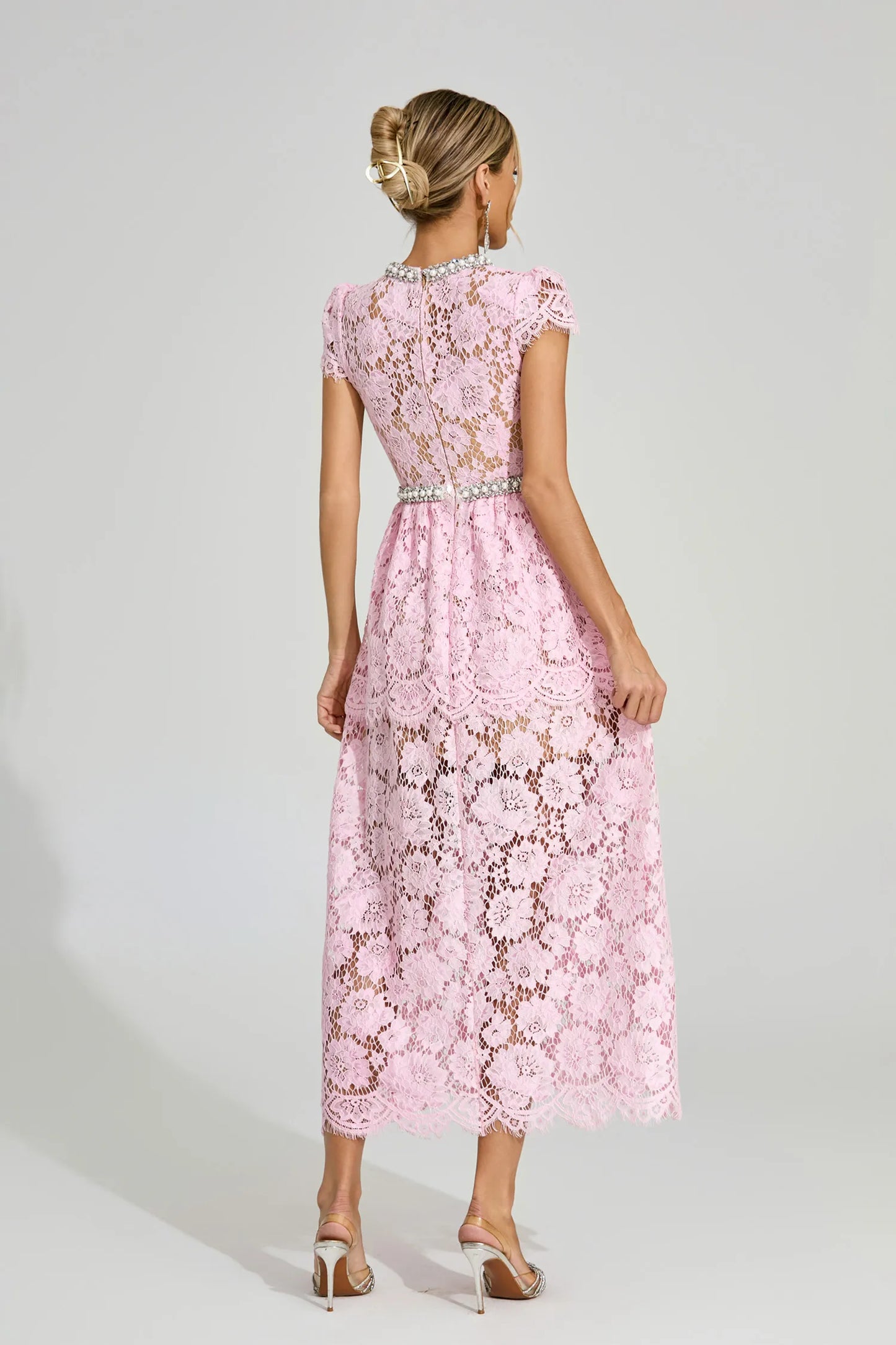 Lucia Pembe Dantel Maxi Elbise