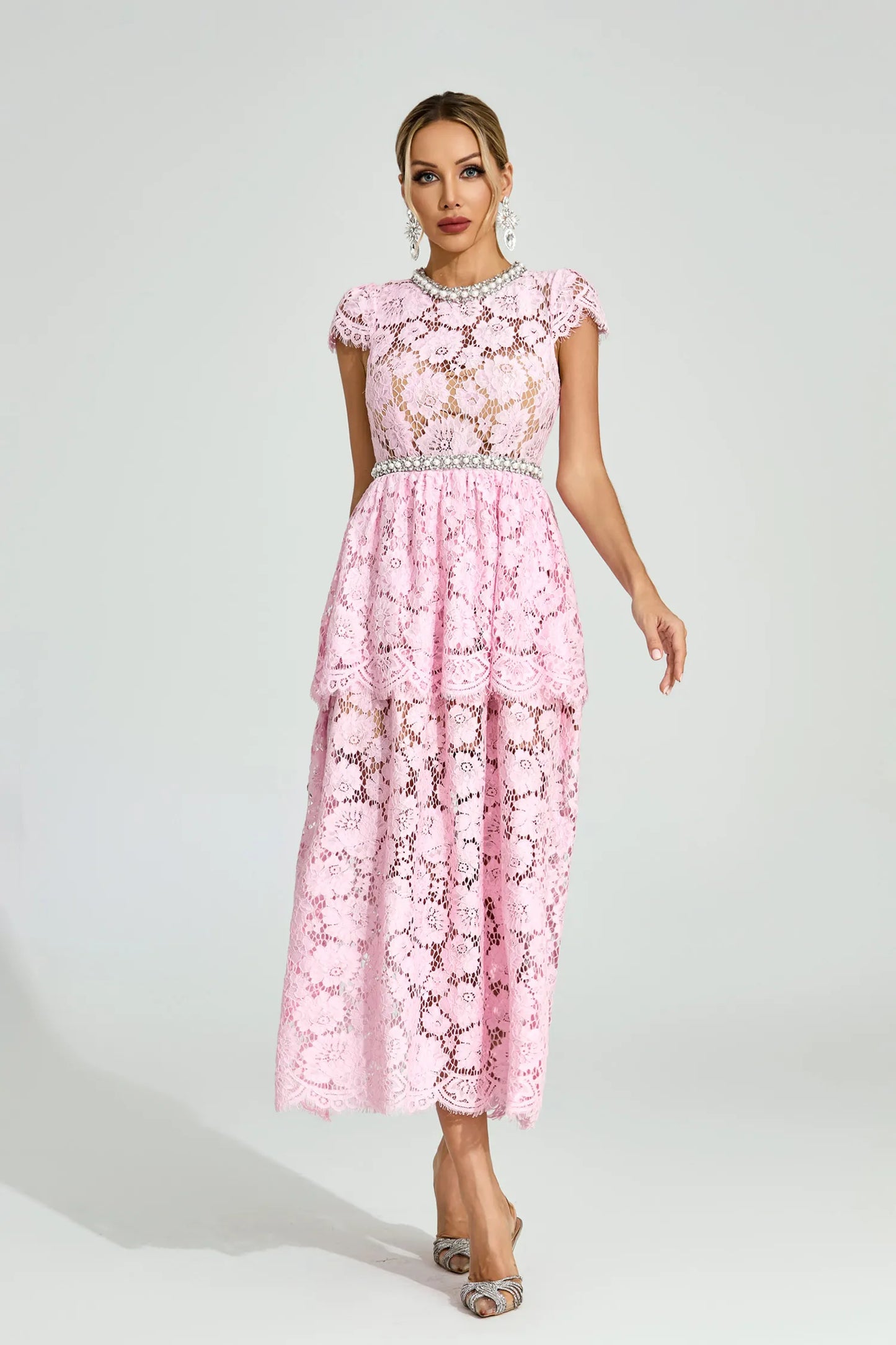Lucia Pembe Dantel Maxi Elbise