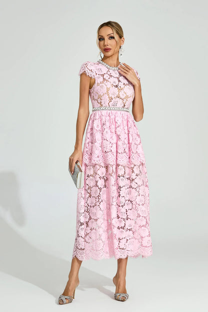 Lucia Pembe Dantel Maxi Elbise